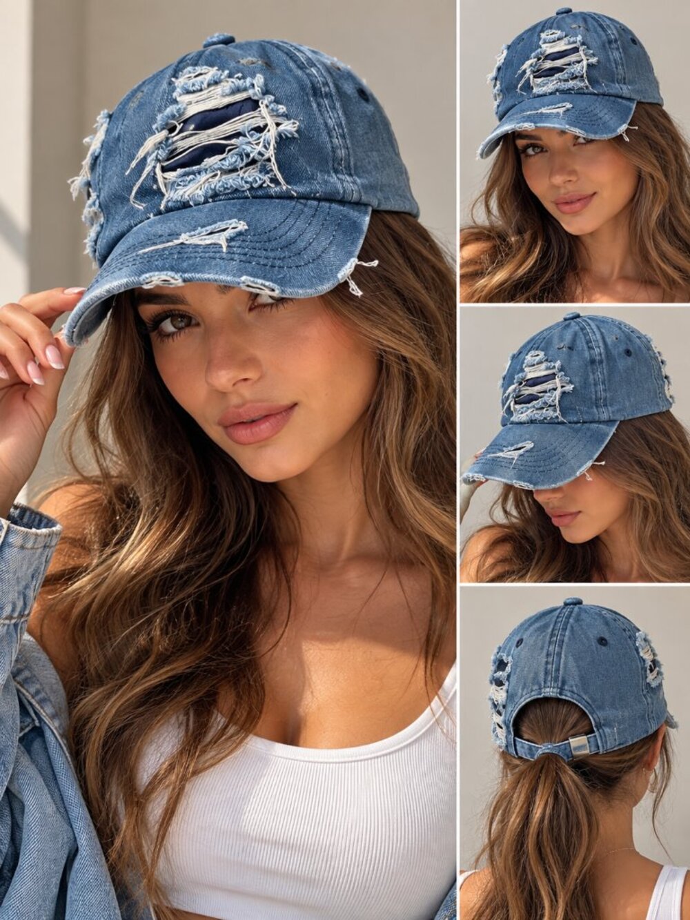 Distressed Denim Baseball Cap Ripped Frayed Adjustable Blue Jean Hat